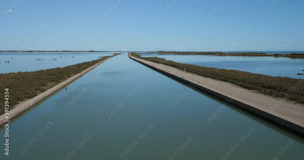The Canal from the Rhone river to Sete, Herault depatment, Occitanie, France. On the left side is the Vic pond, on the right side is the Pierre Blanche pond The Canal from the Rhone river to Sete, Herault depatment, Occitanie, France. On the left side is the Vic pond, on the right side is the Pierre Blanche pond