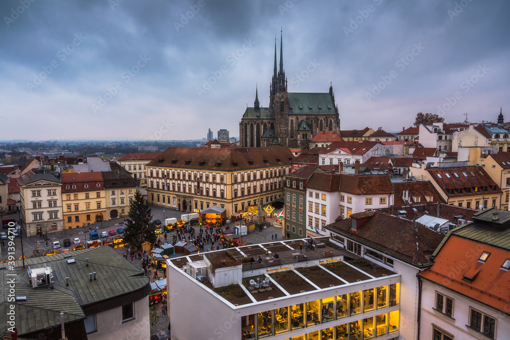 Naklejka premium Old Town with Christmas Market and Cathedral of St. Peter and Paul in Brno, Czech Republic as Seen from City Hall Tower