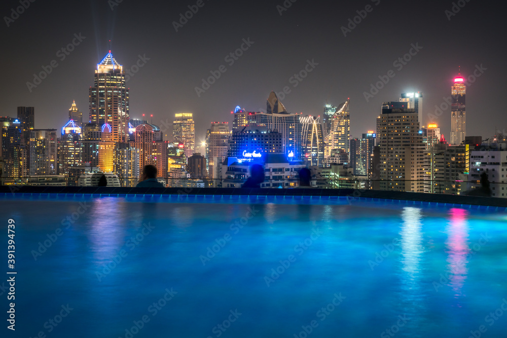 Cityscape of Bangkok with Skyscrapers as Seen from Roof Top with Swimming Pool