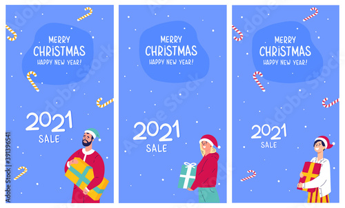 Template design for christmas sale with people.Christmas advertising.People in Christmas hats and holiday candies on the background.Set of vertical social media stories and post design with lettering. © Olha