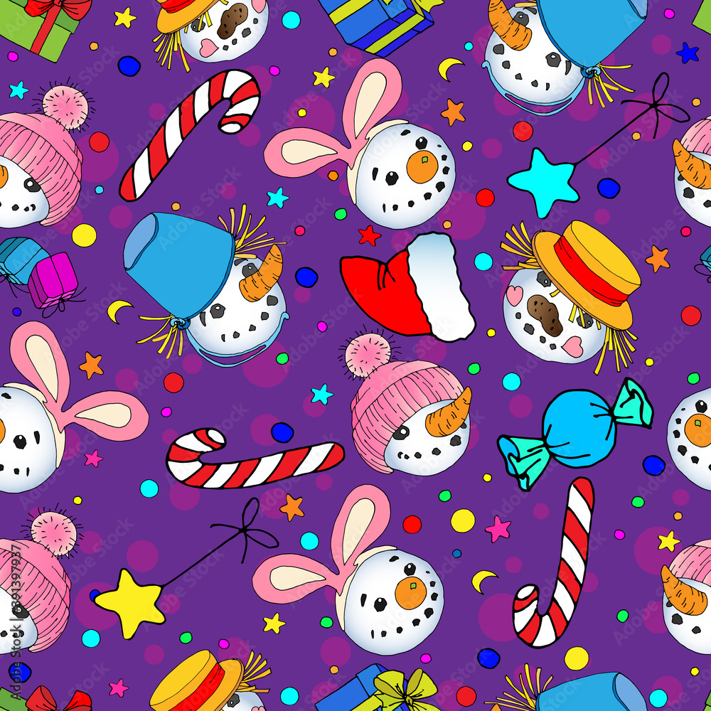 Seamless Christmas pattern in the form of snowmen, gifts, sweets and confetti on a light blue background.
Seamless Christmas pattern in the form of snowmen, gifts, sweets and confetti on a light blue background.