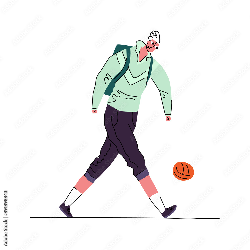 Fototapeta premium Vector illustration of young man who kicks the ball. Concept street football, Hobbies, recreation. You can use it as separate element in composition, etc.