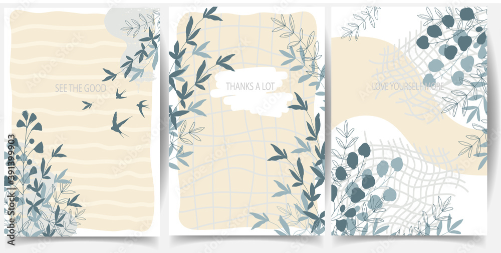 
Vector set of 3 abstract backgrounds, patterns with leaves, herbs and motivational inscription. Design for poster, postcard, stories.
