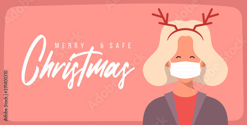 Merry and safe Christmas. Woman in deer antlers hat wearing protective face mask against coronavirus. Christmas during pandemia. Holiday greeting card Xmas celebration. Flat Vector illustration.