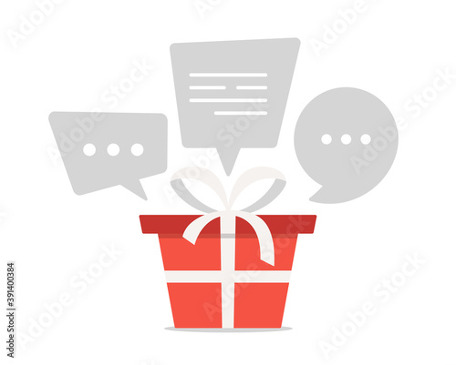 Let's talk about gifts. Red modarok with a white ribbon around which clouds of chat or messages bubble in the air. Cartoon flat vector illustration