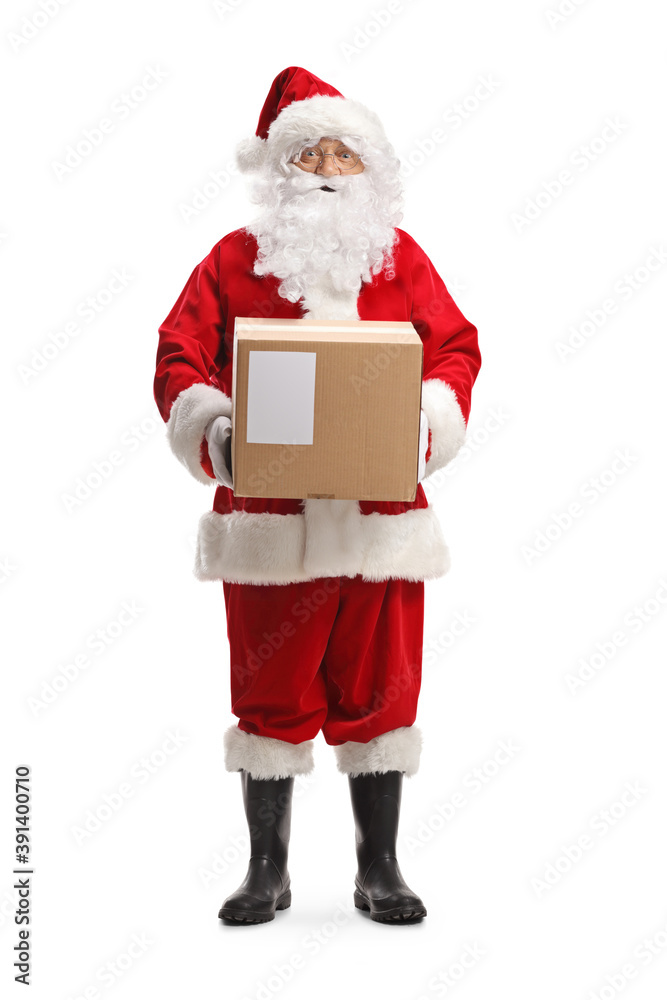 Full length portrait of a santa claus carrying a cardboard box Full length portrait of a santa claus carrying a cardboard box