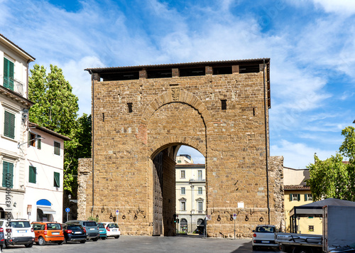The ancient gate "Porta San Frediano", part of the original 13th-century walls of the Oltrarno quarter of Florence, Tuscany, Italy, at the entrance of Borgo San Frediano.