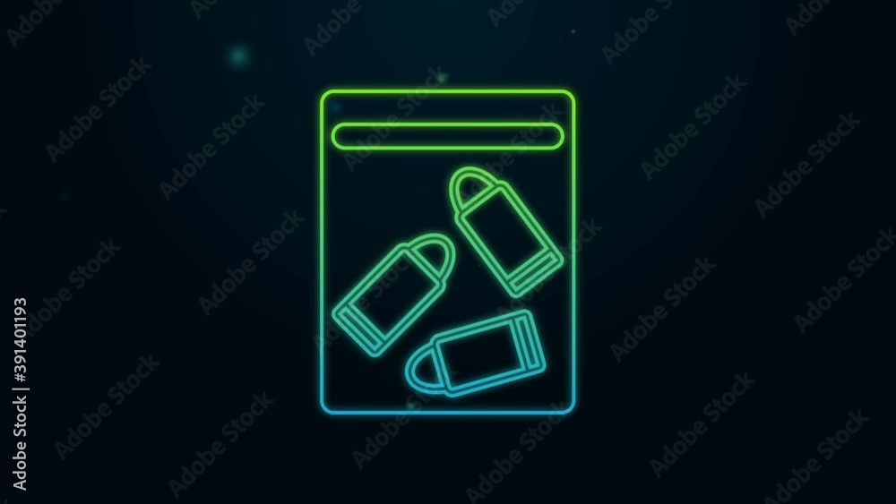 Glowing neon line Evidence bag and bullet icon isolated on black background. 4K Video motion graphic animation Glowing neon line Evidence bag and bullet icon isolated on black background. 4K Video motion graphic animation