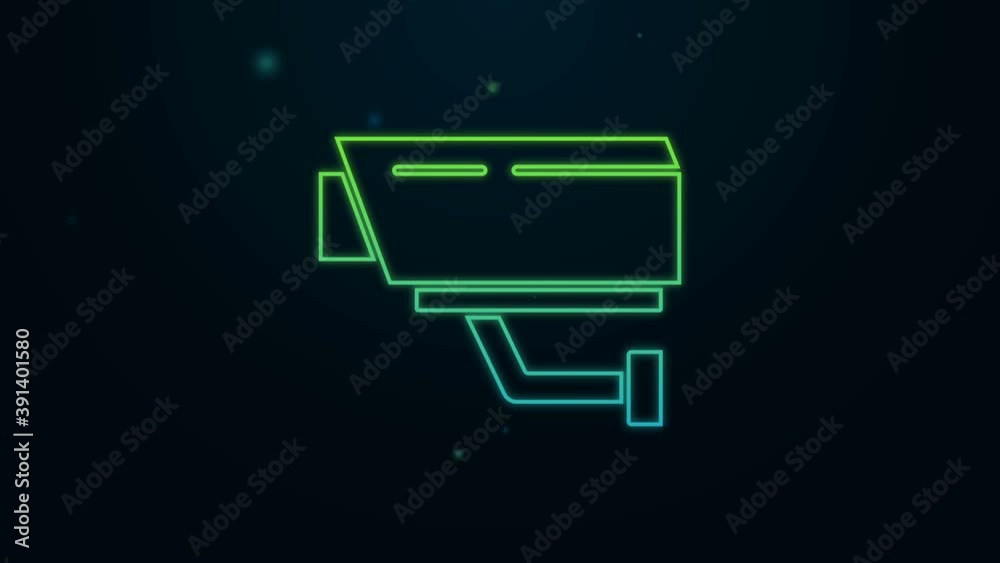 Glowing neon line Security camera icon isolated on black background. 4K Video motion graphic animation