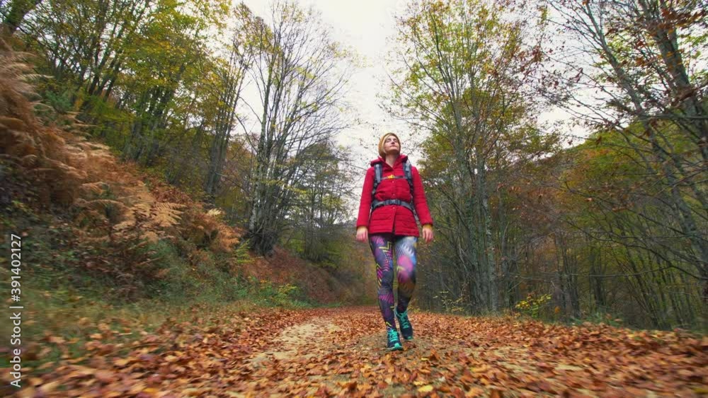 Hiking girl with backpack walking on a dirtroad or trail. Low angle front view. Travel and healthy lifestyle outdoors in fall season. Hiking girl with backpack walking on a dirtroad or trail. Low angle front view. Travel and healthy lifestyle outdoors in fall season.