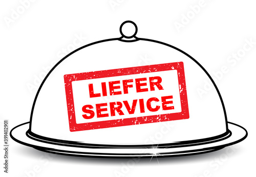 Glosche, Servierglocke mit Schild  „Liefer-Service“
Gastronomie Dienstleistung,
Vektor Illustration isoliert auf weißem Hintergrund
