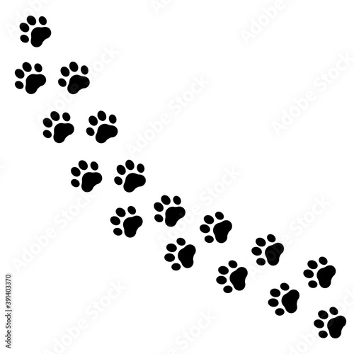 Pet prints. Paw pattern. Footprints for pets, dog or cat. Foot puppy. Black silhouette shape paw print. Footprint pet. Animal track. Trace dogs, cats. Cute background turn right. Design walks. Vector