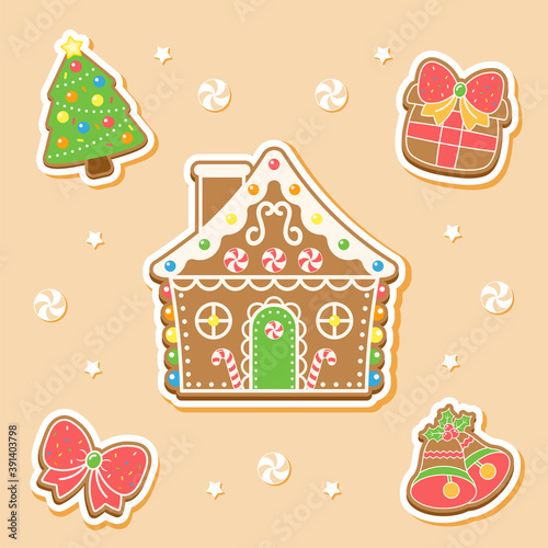 merry Christmas cute ginger bread house elements stickers drawing with candy
