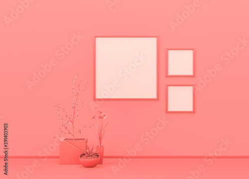 Poster frame mock-up room in flat monochrome pink color with decorative vases, plants and square picture frames. Light background with copy space. 3D rendering