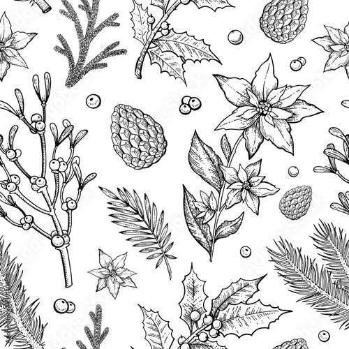 Christmas pattern. Winter plant seamless vector background. Vintage holiday floral wallpaper with pine tree, mistletoe branch, pinecone, leaf, holly berry, flower. Sketch engraved xmas illustration