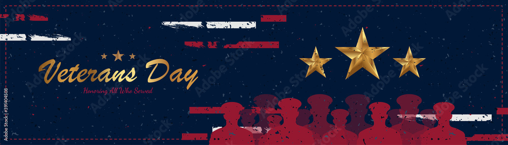 Happy Veterans Day. Greeting card with USA flag, gold star and soldiers on background. National American holiday event. Flat vector illustration EPS10.