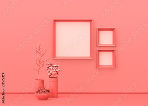 Interior room in plain monochrome pink color with big and small square picture frames, decorative vases and house plants. Light background with copy space. 3D rendering