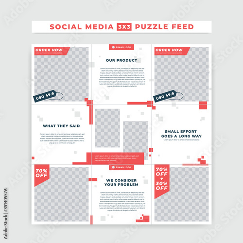 Red white simple bold instagram ig puzzle feed post square size vector template design for product branding promotion sale