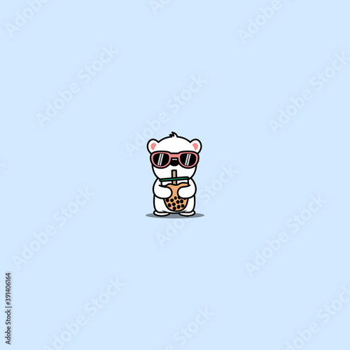 Cute polar bear with sunglasses drinking bubble tea cartoon, vector illustration