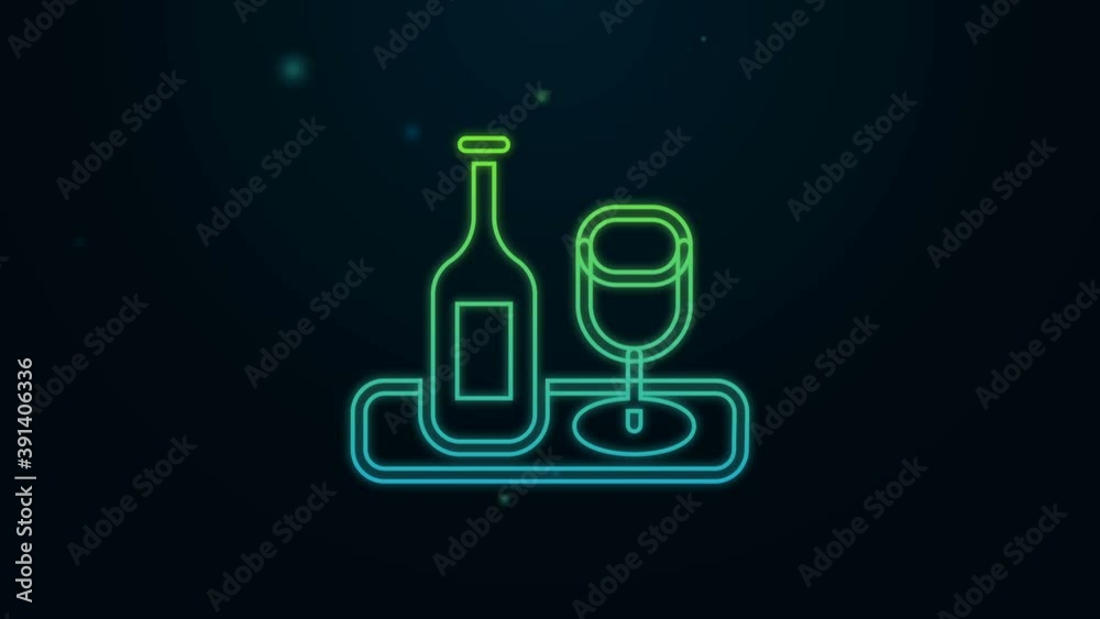 Glowing neon line Wine bottle with glass icon isolated on black background. 4K Video motion graphic animation Glowing neon line Wine bottle with glass icon isolated on black background. 4K Video motion graphic animation