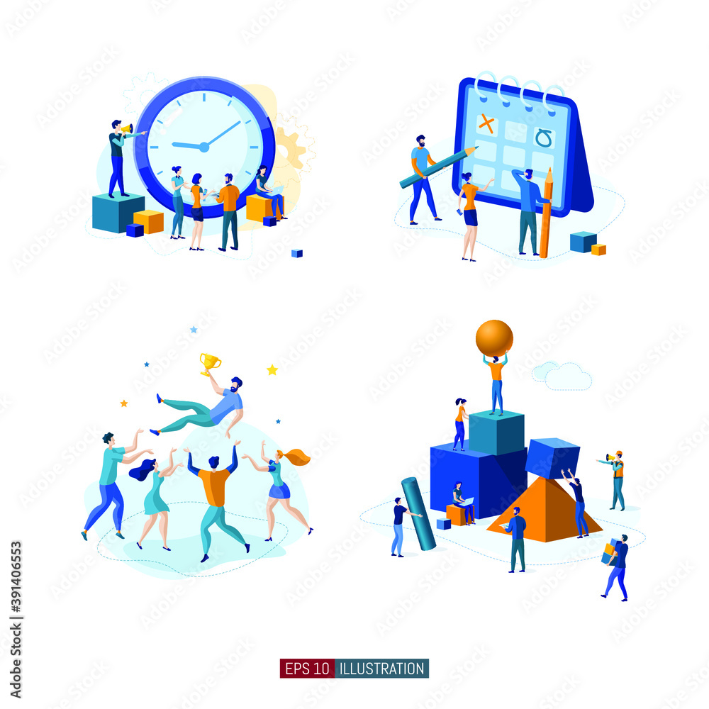 Trendy flat illustration set. Teamwork metaphor concept. Office workers planing business mechanism, analyze business strategy and exchange ideas. Template for your design works. Vector graphics. Trendy flat illustration set. Teamwork metaphor concept. Office workers planing business mechanism, analyze business strategy and exchange ideas. Template for your design works. Vector graphics.