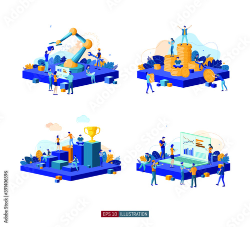 Trendy flat illustration set. Teamwork metaphor concept. Office workers planing business mechanism, analyze business strategy and exchange ideas. Template for your design works. Vector graphics.
