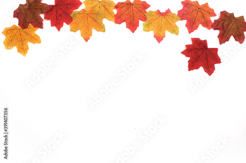 Artificial maple leaves in autumn background as wallpaper with copy space, Maple leaves in winter season, Frame, Backdrop, Top view 