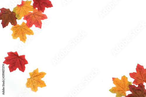 Artificial maple leaves in autumn background as wallpaper with copy space, Maple leaves in winter season, Frame, Backdrop, Top view 