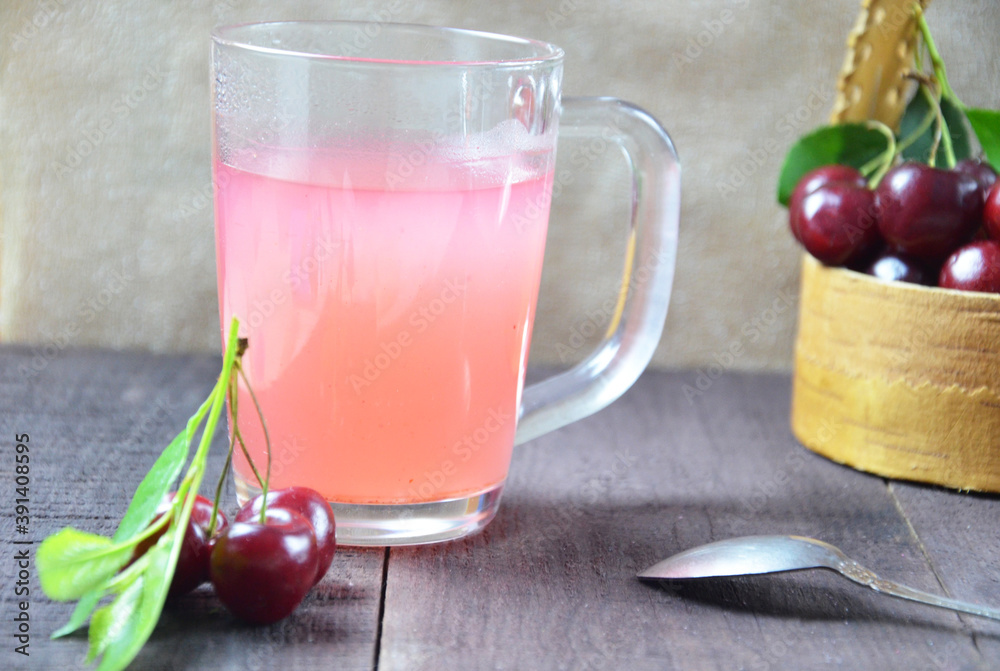 custom made wallpaper toronto digitalKissel with cherries in a glass on an old wooden background, traditional russia or poland drink, berry jelly, mousse, summer pink drink