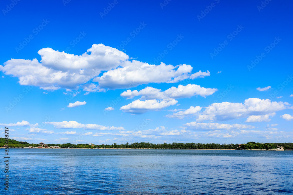 Beautiful lake and blue sky with white clouds natural scenery in Beijing.