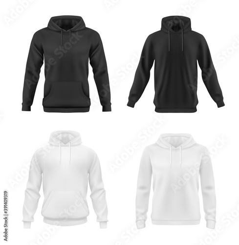 Hoodie, sweatshirt vector mockup for men or women front view. Isolated black and white hoody with long sleeves and drawstrings. Sport, casual or urban clothing, teenagers fashion, realistic 3d mock up