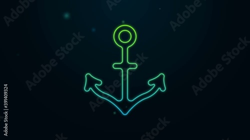 Glowing neon line Anchor icon isolated on black background. 4K Video motion graphic animation