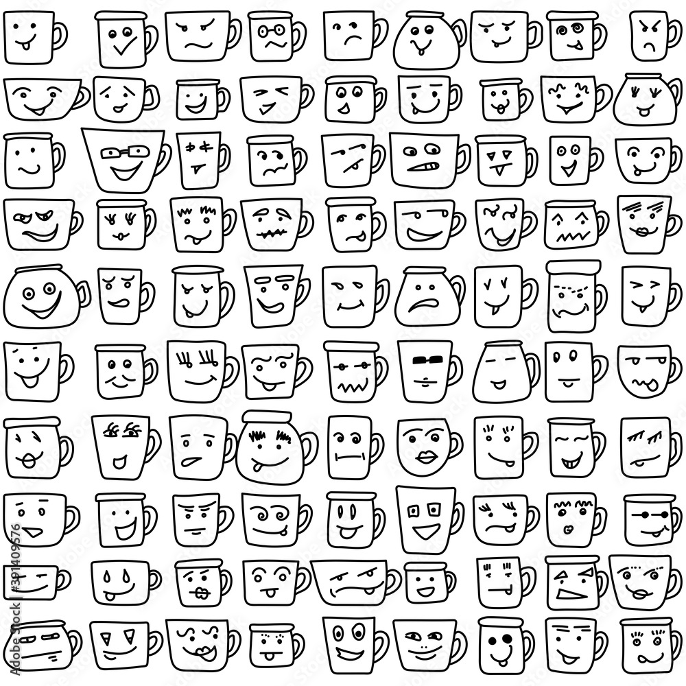 Set of cute doodle cups with different emotions, mugs with faces, coloring page with characters Set of cute doodle cups with different emotions, mugs with faces, coloring page with characters