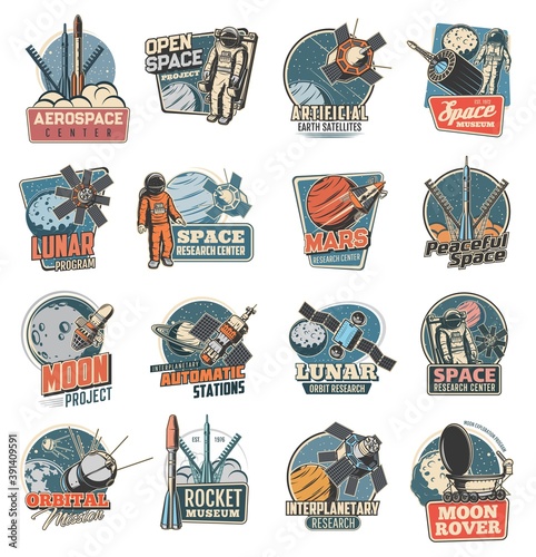 Space exploration vector icons. Astronaut in galaxy, rocket in outer cosmos, shuttle expedition, explore adventure. Satellite in space, rover on alien planet surface. Mars research center labels set