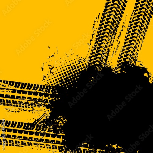 Road and car tire grunge background, vector pattern track of truck wheels drift, black halftone poster. Off road car tire grunge traces of motorcycle skidding, rubber tyre trails, rally speed races