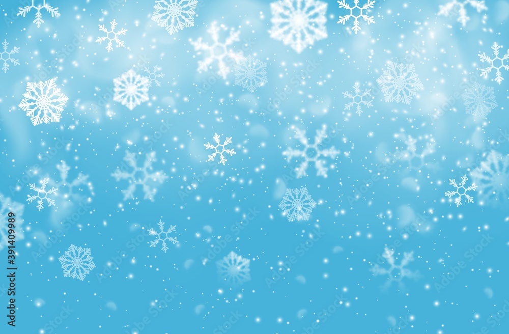 Christmas snow flakes vector background of falling white snowflakes, Xmas and New Year winter holidays design. Snowfall of ice crystals and star shaped snow flakes, snowy weather, snowstorm, blizzard
