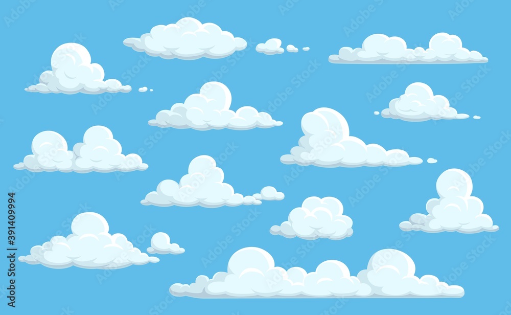 Fototapeta Kreskówka chmury w błękitne niebo. Wektor biały miękki i puszysty spindrift lub chmury cumulus latające na tle nieba, pogoda i natura na białym tle elementów projektu. Zestaw ikon o tematyce meteorologicznej i klimatycznej