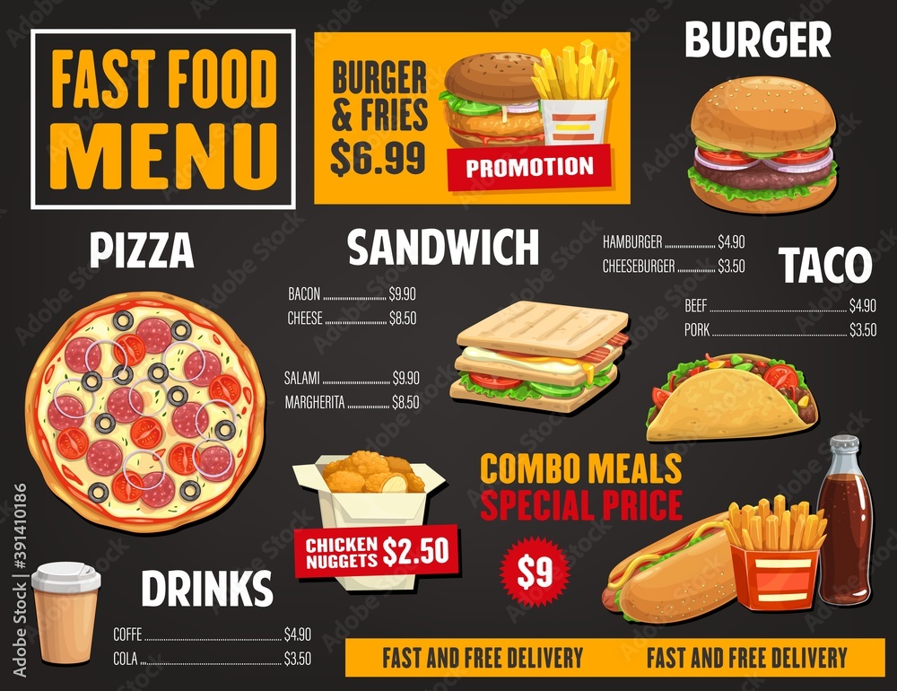 Fast food menu vector template, takeaway dishes pizza salami and