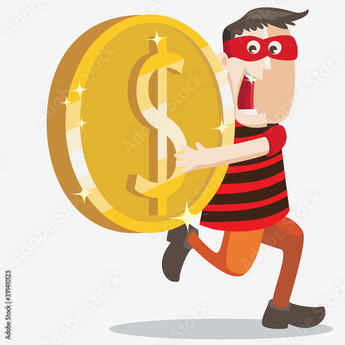 illustration of a man with mask stealing golden coin money flat artwork vector