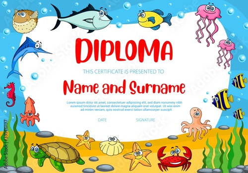 Kids education diploma vector template with puffer fish, crab and turtle. School or kindergarten certificate Child award border design for participation, achievement or graduation with sea animals