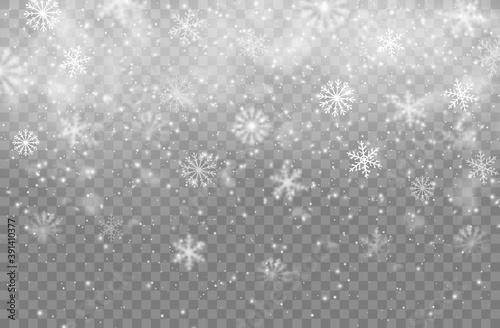 Christmas winter snowfall, snowflakes vector background. Realistic snow flakes, isolated Xmas pattern, backdrop with falling snow and steam effect. Magic white snowfall texture, winter snowstorm