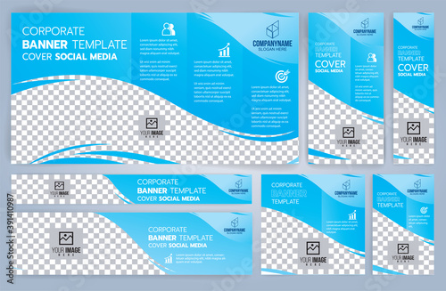 Set of Blue Web banners templates, Standard sizes with space. Vector illustration