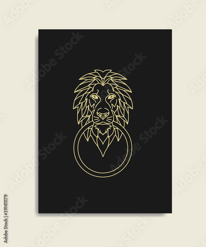 Golden lion door knocker. luxurious line art design. for tattoo, company, business, real estate.