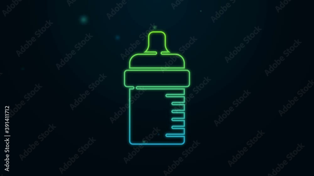 Glowing neon line Baby bottle icon isolated on black background. Feeding bottle icon. Milk bottle sign. 4K Video motion graphic animation Glowing neon line Baby bottle icon isolated on black background. Feeding bottle icon. Milk bottle sign. 4K Video motion graphic animation