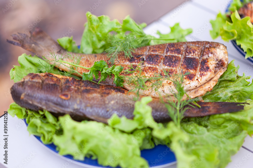 grilled sea bass on a plate with greens close-up grilled sea bass on a plate with greens close-up