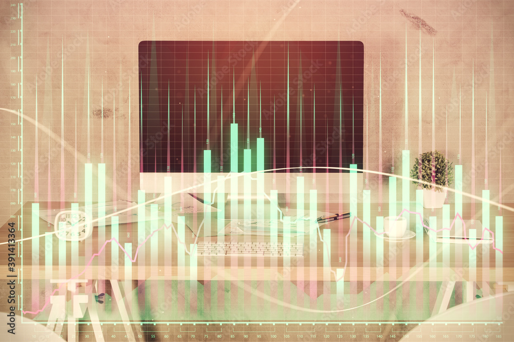 Multi exposure of financial graph drawing and office interior background. Concept of market analysis. Multi exposure of financial graph drawing and office interior background. Concept of market analysis.