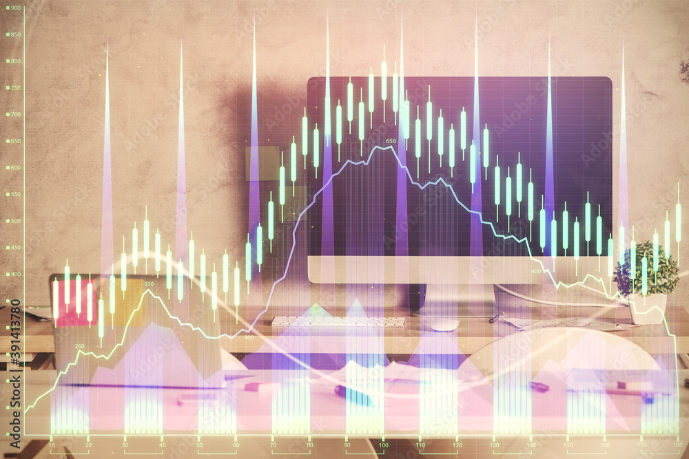 Multi exposure of financial graph drawing and office interior background. Concept of market analysis. Multi exposure of financial graph drawing and office interior background. Concept of market analysis.