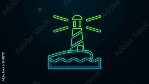 Glowing neon line Lighthouse icon isolated on black background. 4K Video motion graphic animation