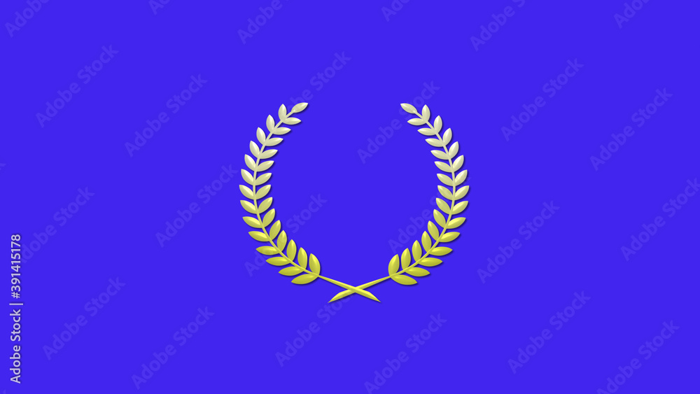 Yellow white gradient 3d wheat icon on blue background, 3d wreath icon