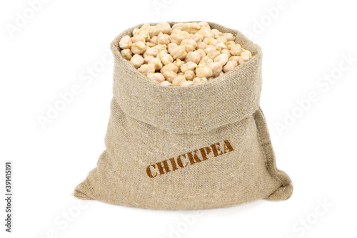 Chickpea in a sack isolated on a white background. Chickpea in a burlap sack. Healthy food. Chickpea in a jute bag